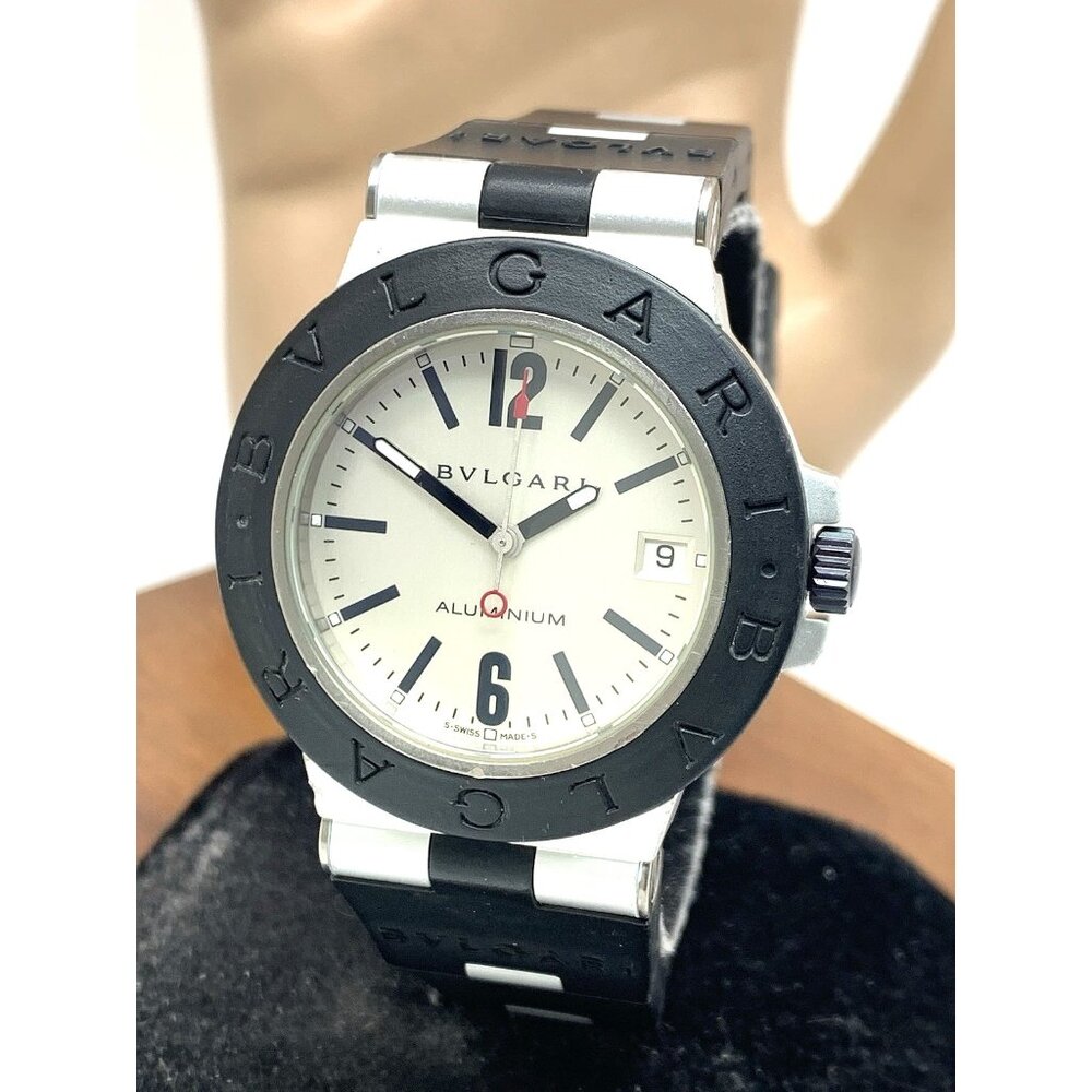 Bvlgari Men's Watch AL38A Aluminum Swiss Automatic Silver Dial Black Rubber 38mm